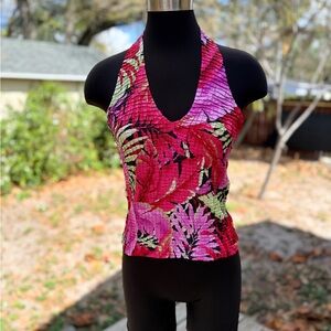 Vintage 90s Cache Tropical Floral Crinkle Halter Top